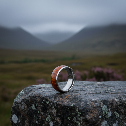 8mm wood and stainless steel ring, engravable, by Forge and Lumber, available in sizes UK M, N, O.