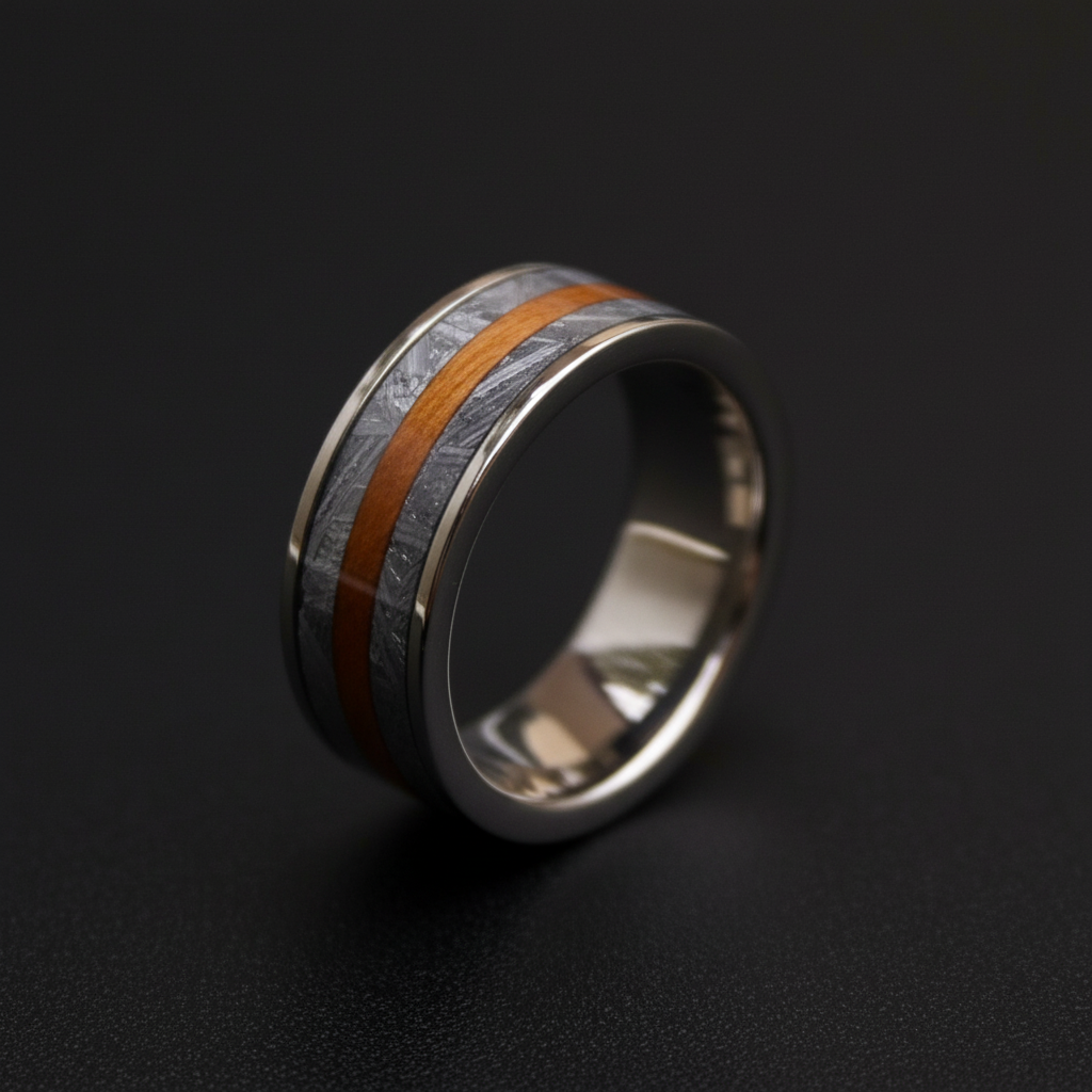 Artisan 8mm ring with barrel-wood inlays and a cosmic steel finish by Forge and Lumber.