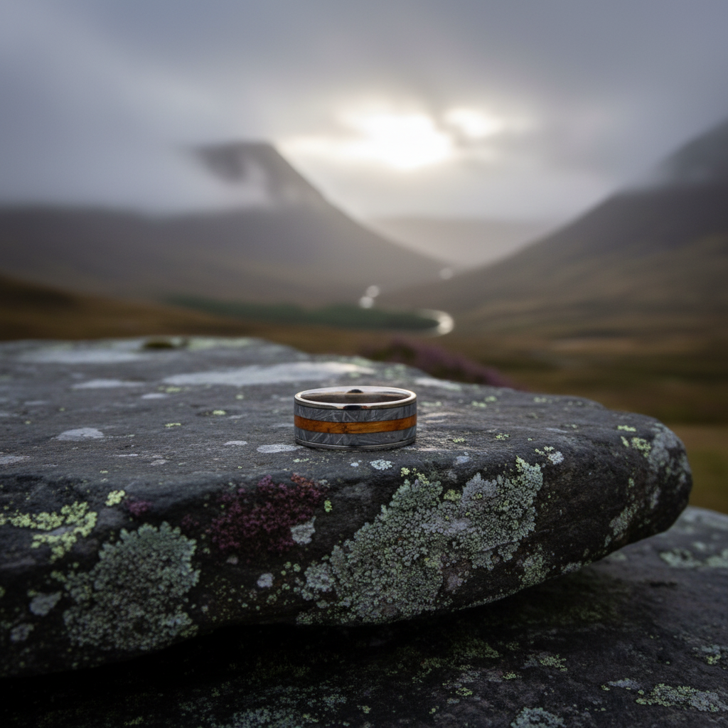 8mm artisan ring made from barrel wood and metal by Forge and Lumber, featuring a unique cosmic design.