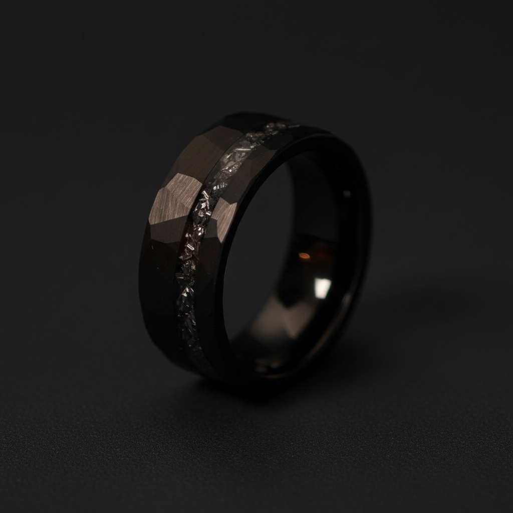 Forge and Lumber "The Shuttle" ring, 8mm black band. Durable anniversary ring on matte black background.