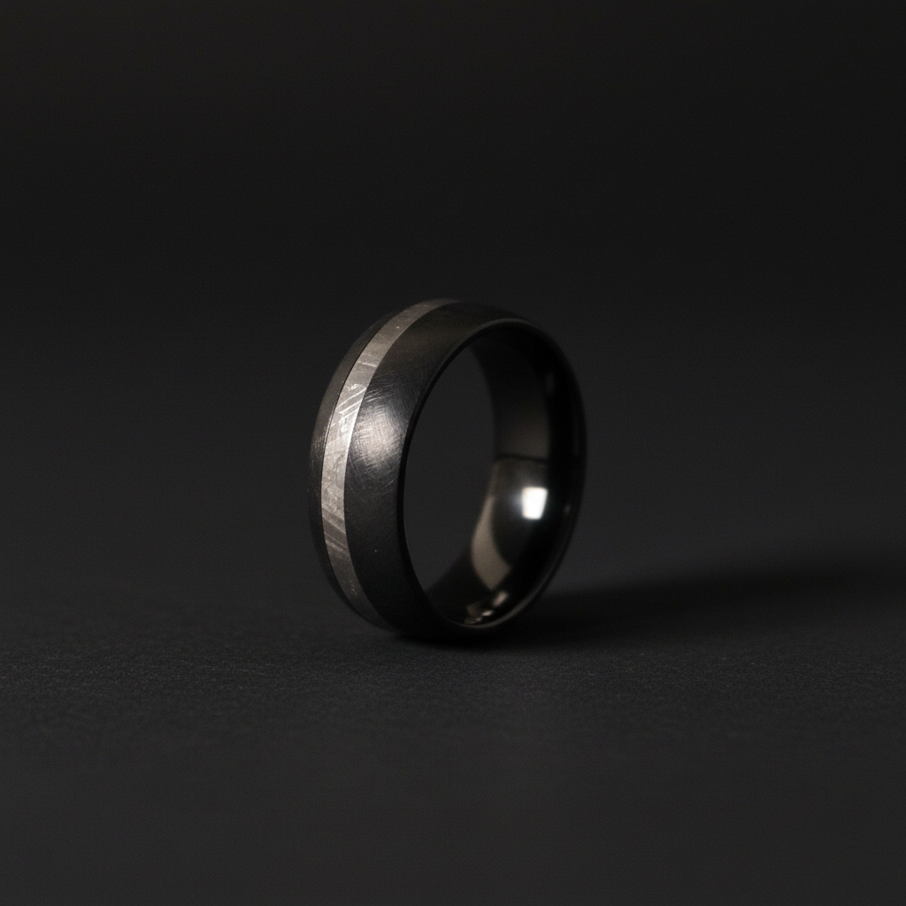 Black Zirconium ring with silver accent, 8mm width, by Forge and Lumber, available in sizes UK N to P.