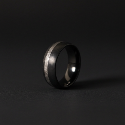 Black Zirconium ring with silver accent, 8mm width, by Forge and Lumber, available in sizes UK N to P.