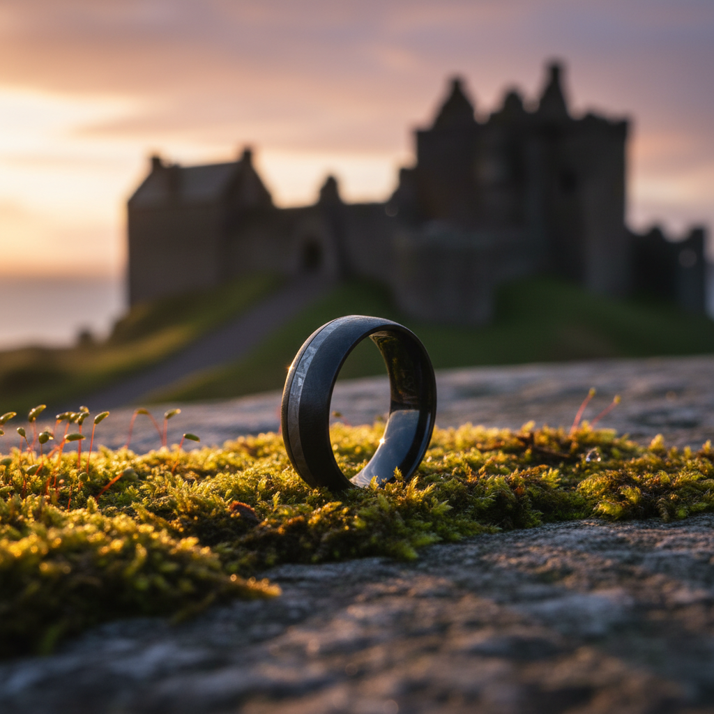 The Sirius ring by Forge & Lumber. Black Zirconium 8mm band on mossy stone, castle ruins backdrop.