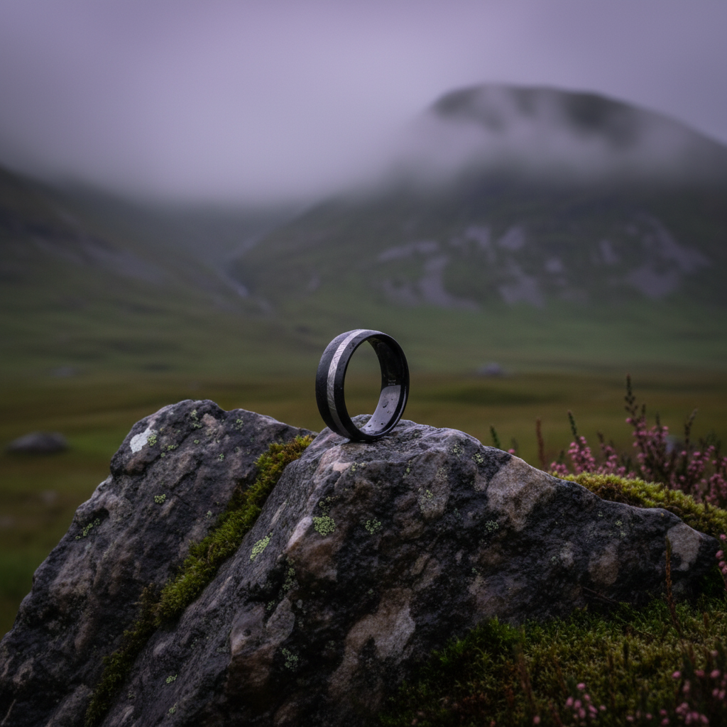 Black zirconium wedding band from Forge and Lumber, 8mm width, set on a rocky landscape.