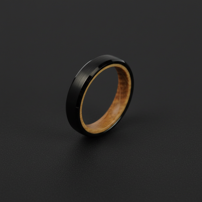 Black beveled ring with barrel-wood interior by Forge and Lumber, 4mm width.