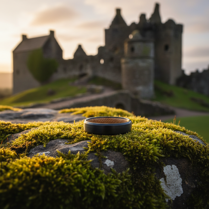 Forge & Lumber Speyside ring: Barrel wood ring on mossy stone, Scottish castle ruins.