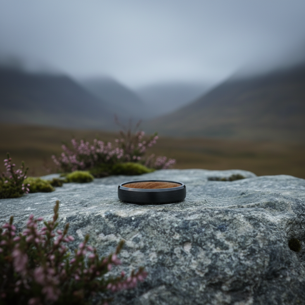 Beveled 4mm barrel-wood ring by Forge and Lumber on a rocky surface with a misty landscape background