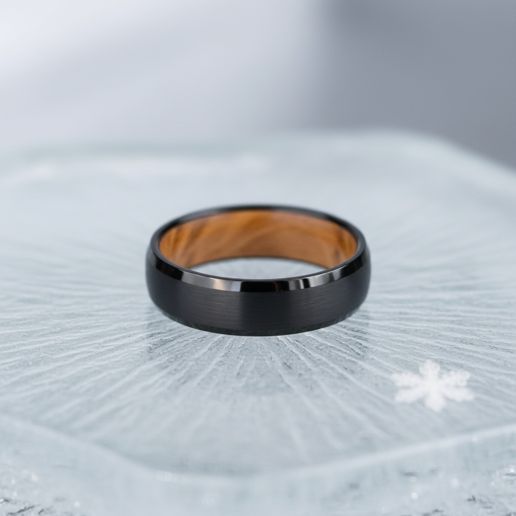 Black 6mm beveled wedding band with a barrel wood interior by Forge and Lumber.