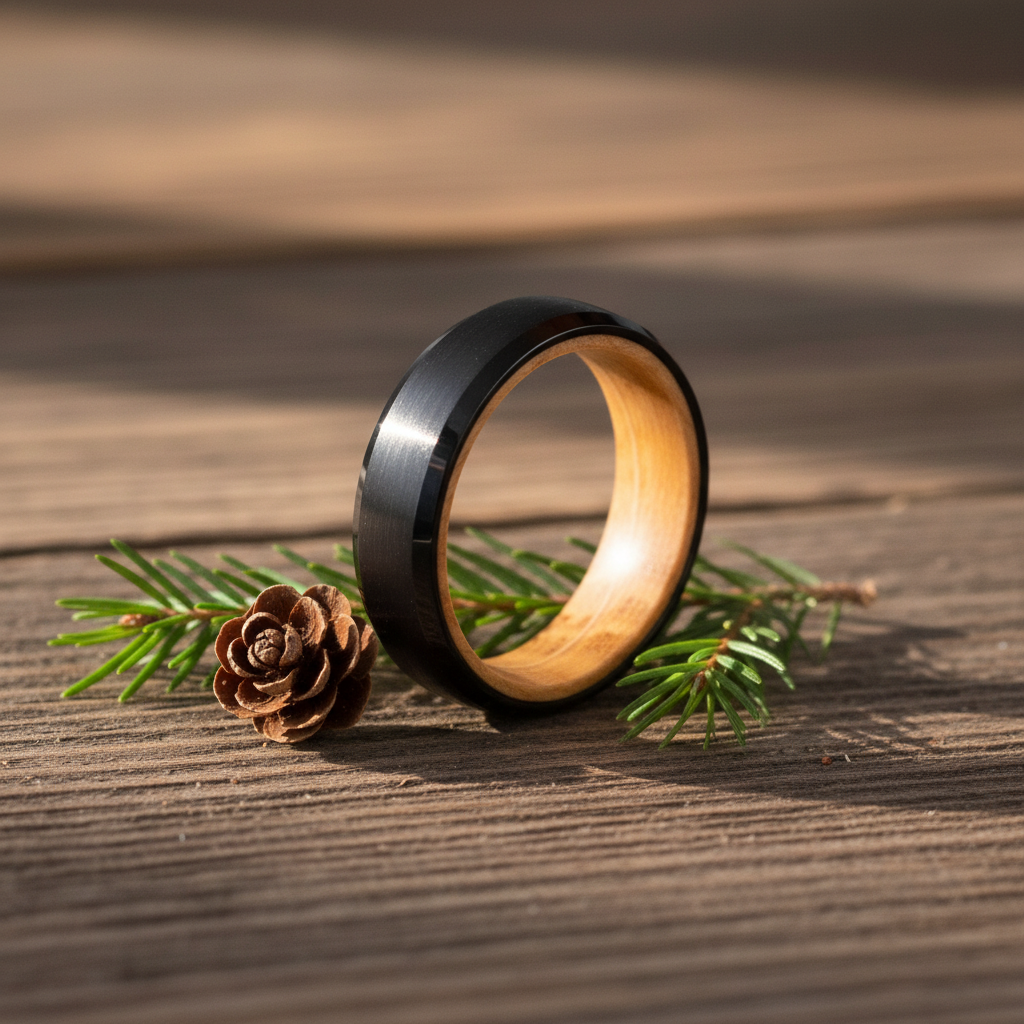 Beveled black barrel-wood ring with a natural wood inner band by Forge and Lumber, 6mm width.