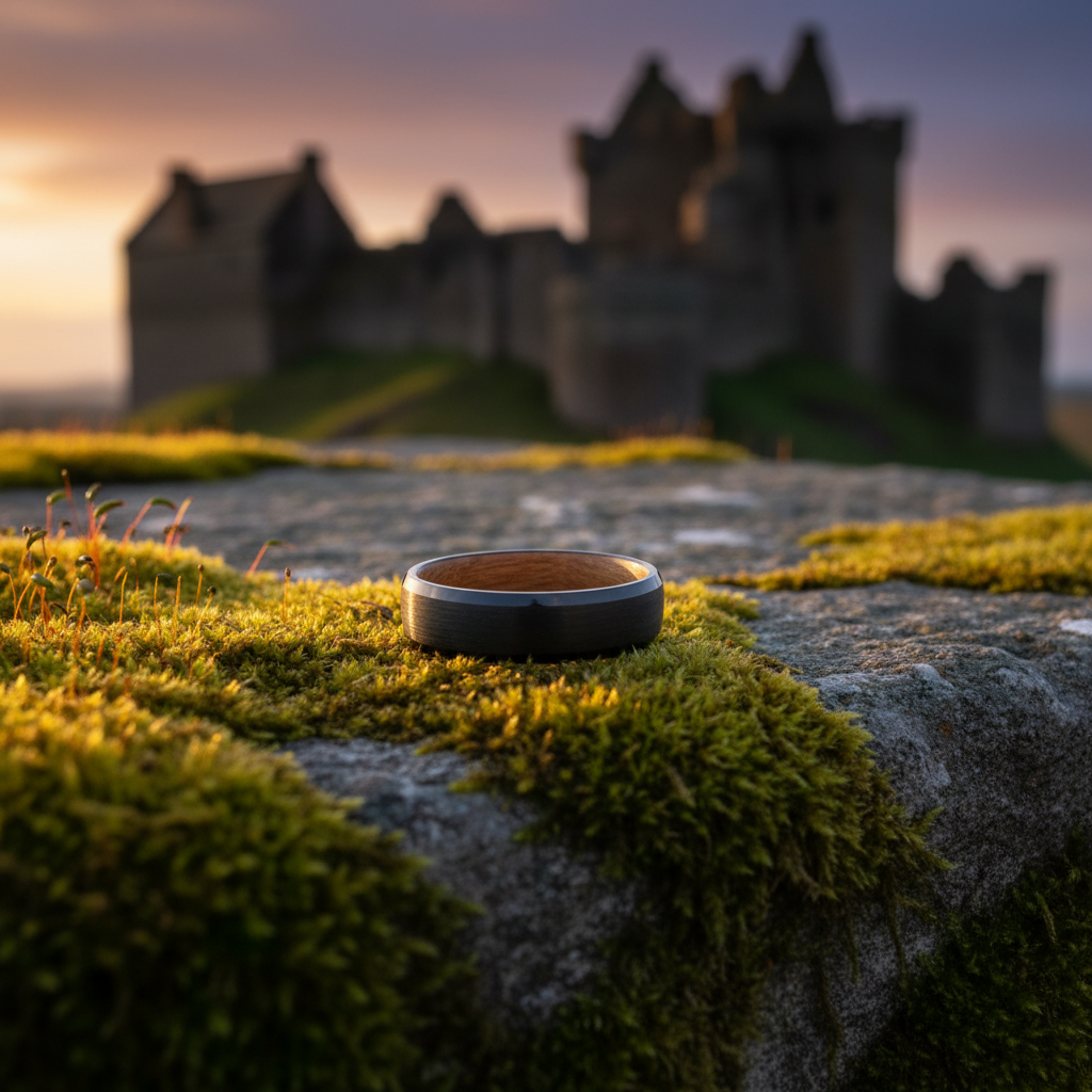 The Speyside 6mm ring, Forge and Lumber. Barrel wood on mossy stones, castle ruins background.