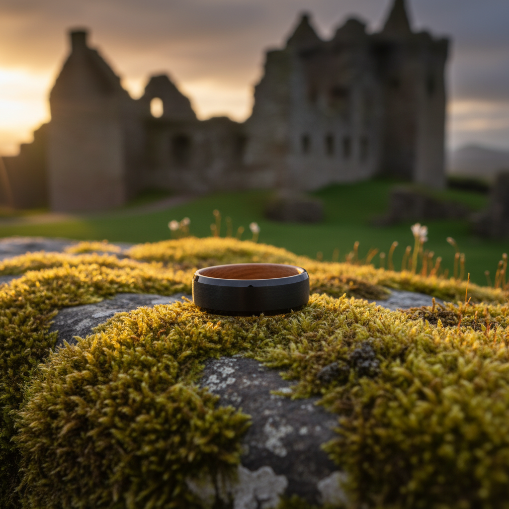 Forge & Lumber Speyside 8mm ring. Barrel wood on moss, Scottish castle ruins. Alcohol-themed, beveled band.