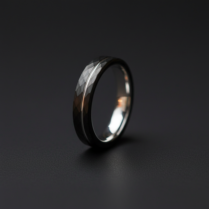 Silver 4mm band ring with delicate faceted design, engravable, by Forge and Lumber.