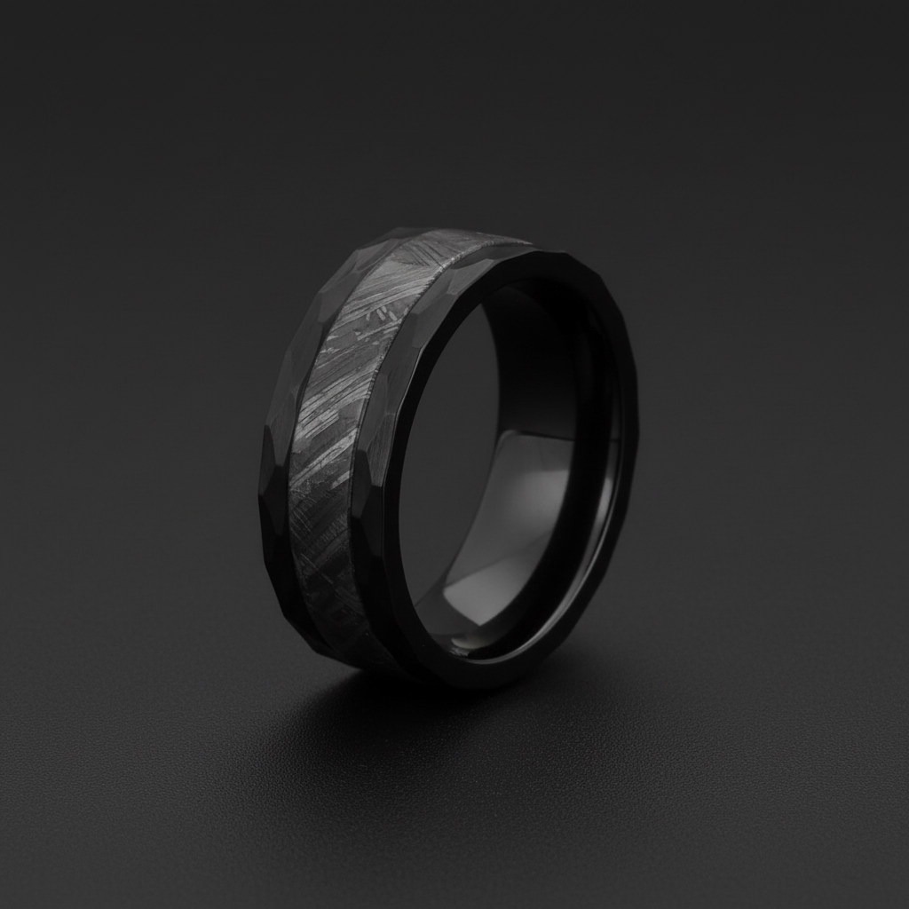Black zirconium engagement ring with an 8mm width and textured design by Forge and Lumber.