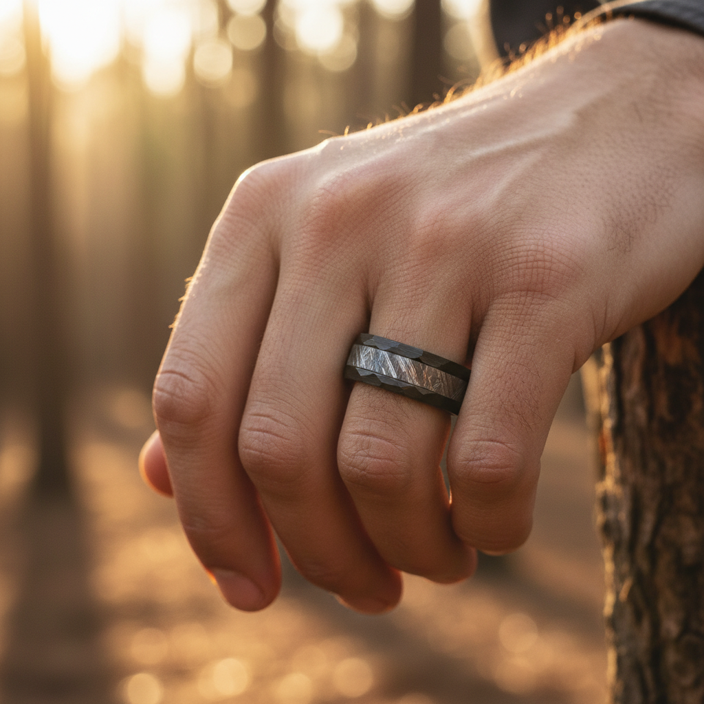Black Zirconium engagement ring with 8mm width, featured on a hand among trees, by Forge and Lumber.