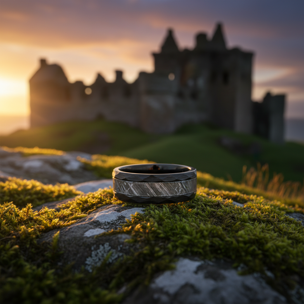 Forge & Lumber The Teaghlach black zirconium ring on moss near Scottish castle ruins. Engagement ring detail.