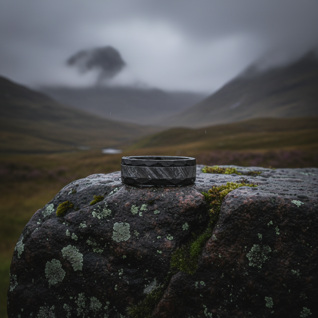 Black Zirconium engagement ring by Forge and Lumber, 8mm width, featuring a textured design.