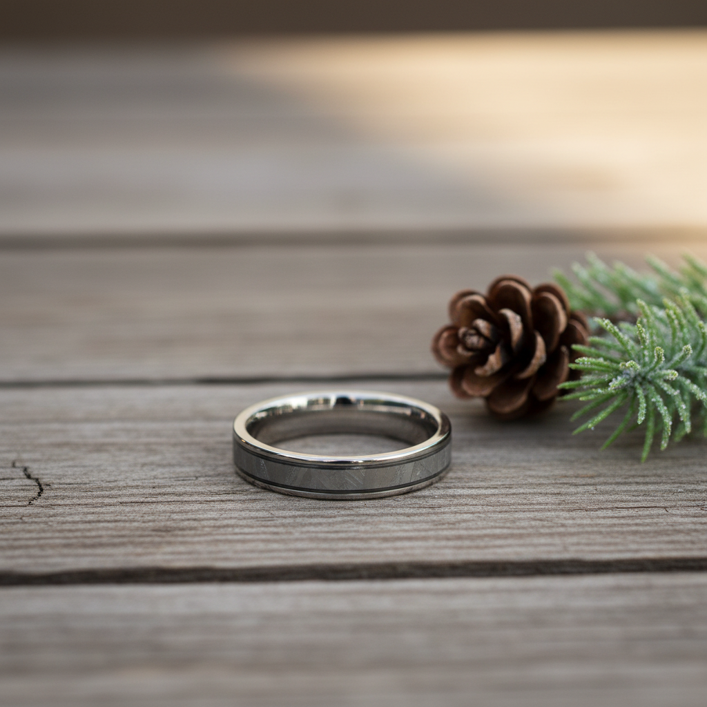 Aerospace-grade titanium 4mm wedding band from Forge and Lumber, featuring a polished finish and sleek design.