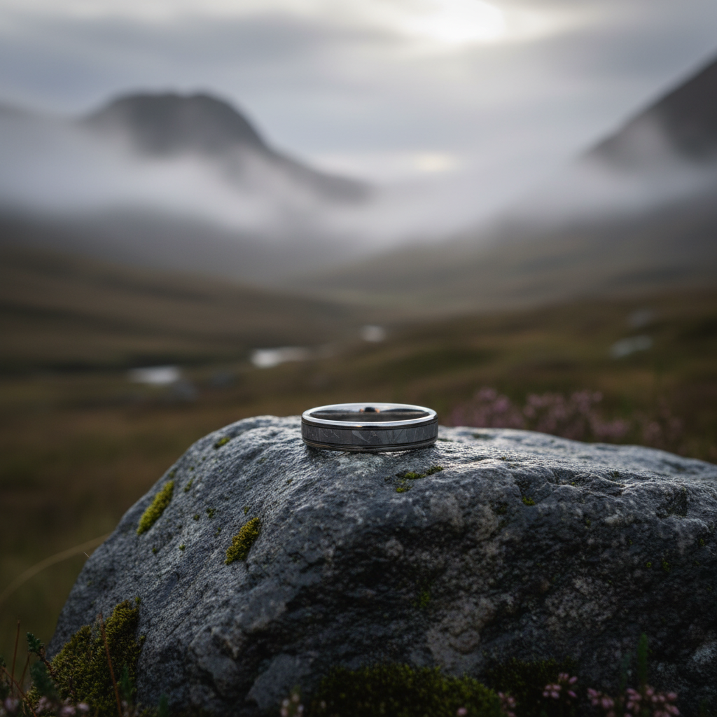 Aerospace-grade titanium wedding band by Forge and Lumber, 4mm wide, sleek silver finish, set on a textured rock.