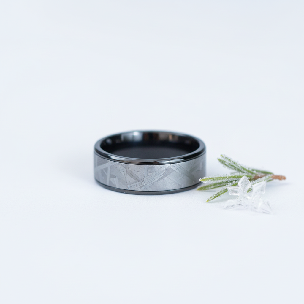Durable black Zirconium ring with 8mm width, featuring a textured design by Forge and Lumber.