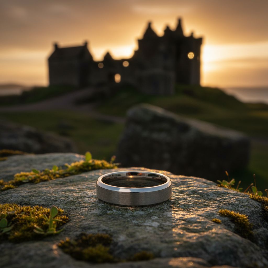 The Torque ring by Forge & Lumber on mossy stone. 6mm titanium band, Scottish ruins.