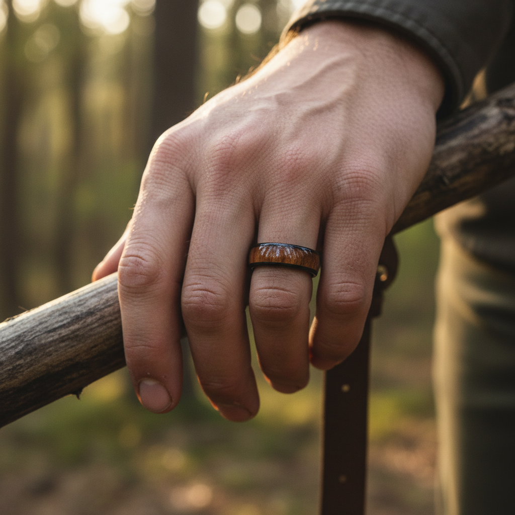 Black tungsten comfort-fit ring by Forge and Lumber with wood inlay, 8mm width, worn on a hand outdoors.
