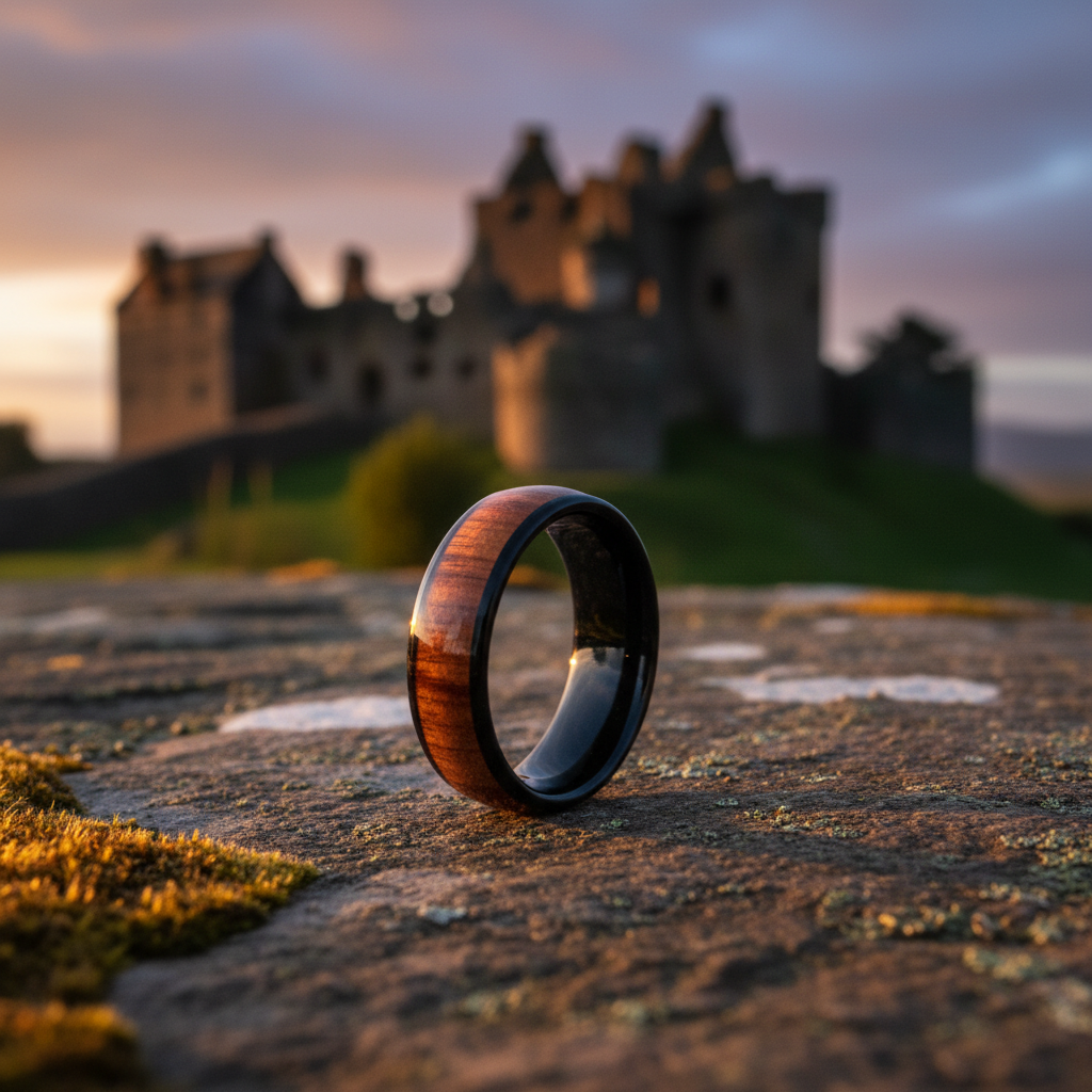 Forge and Lumber Ukulele ring. Black tungsten comfort-fit band on mossy stone, Scottish castle ruins at sunset.