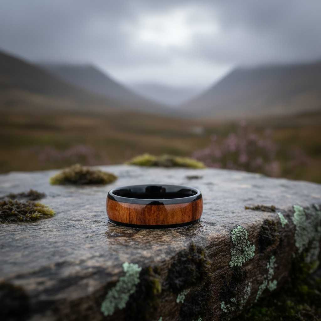 Black tungsten comfort-fit ring with an 8mm wood inlay by Forge and Lumber.