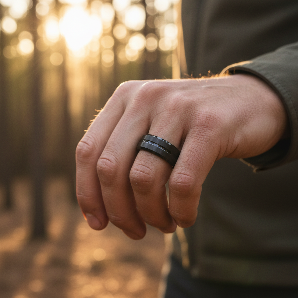 Beveled black wedding band ring by Forge and Lumber, 8mm, shown on hand in natural light.