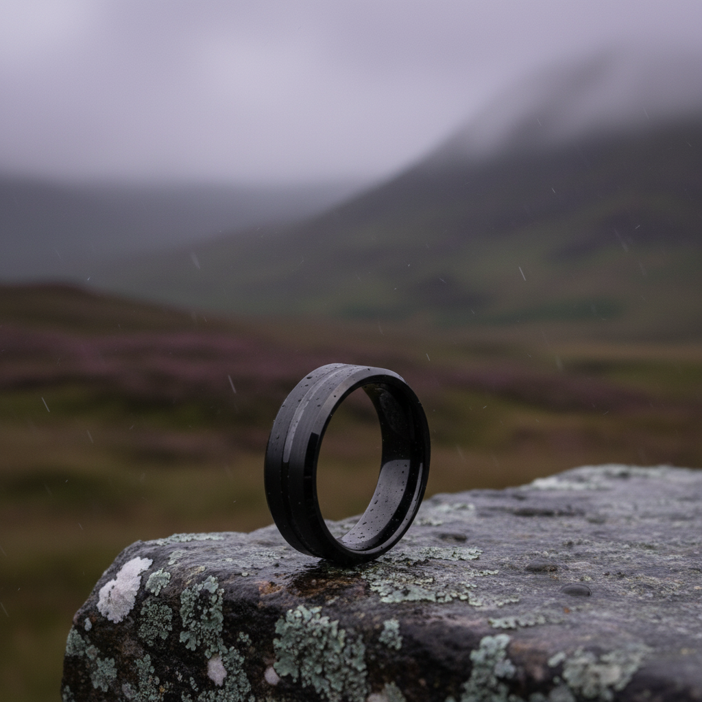 Black beveled ring from Forge and Lumber in size UK M / US 6, set against a natural landscape background.