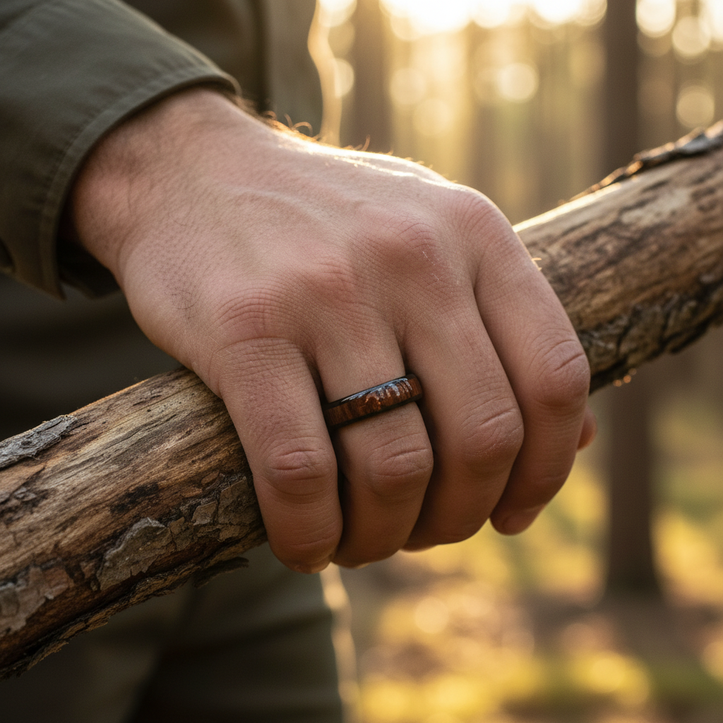 Black 6mm comfort fit ring with cultural design by Forge and Lumber, worn on hand outdoors.