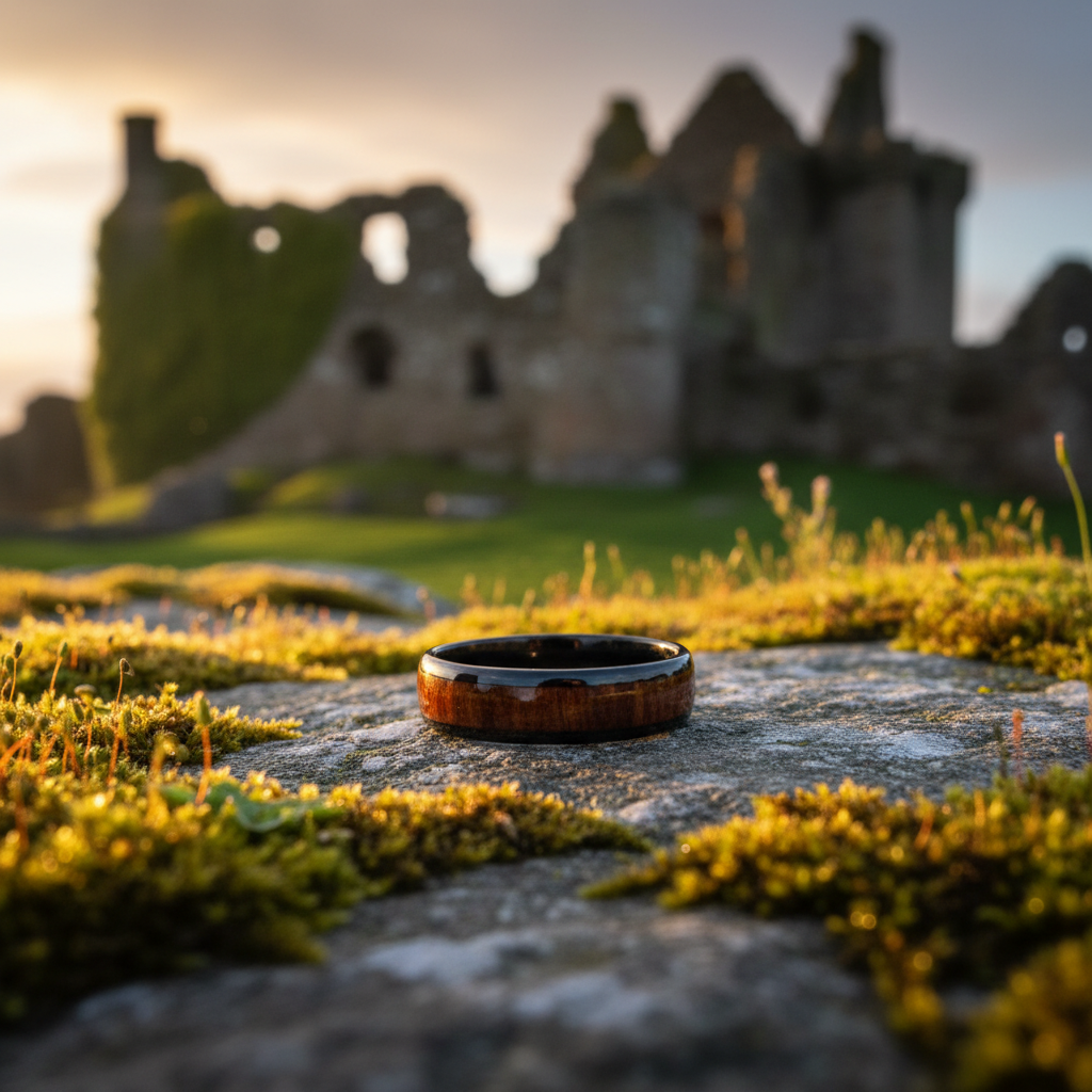 Forge & Lumber "The Warrior" ring. Black 6mm comfort fit ring on moss, castle ruins background.
