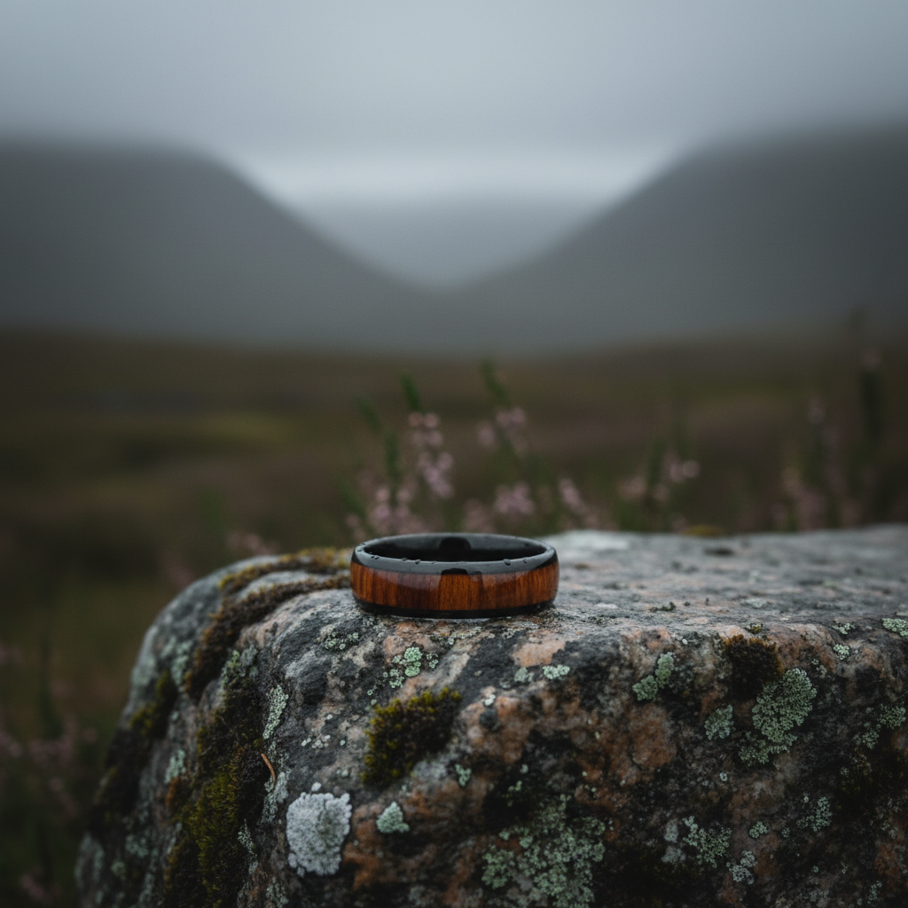 Black and wood comfort fit ring, 6mm width by Forge and Lumber, set on a mossy rock in a misty landscape.