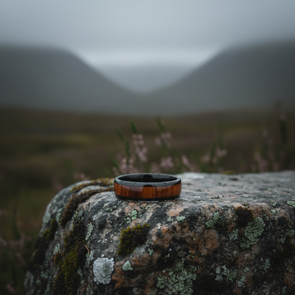 Black and wood comfort fit ring, 6mm width by Forge and Lumber, set on a mossy rock in a misty landscape.