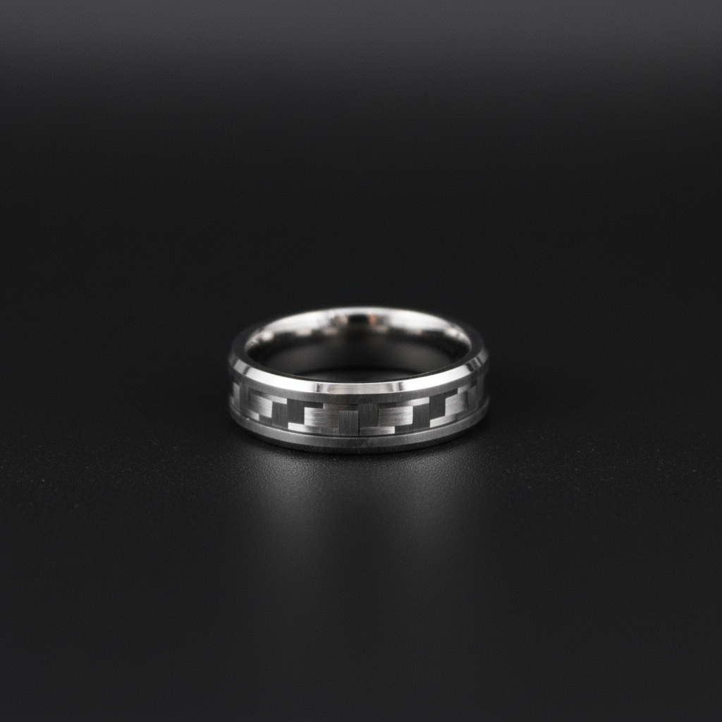 Silver beveled ring with black inlay, featuring a modern design by Forge and Lumber, 6mm width.
