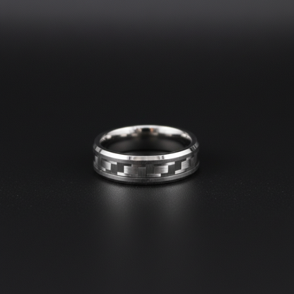 Silver beveled ring with black inlay, featuring a modern design by Forge and Lumber, 6mm width.