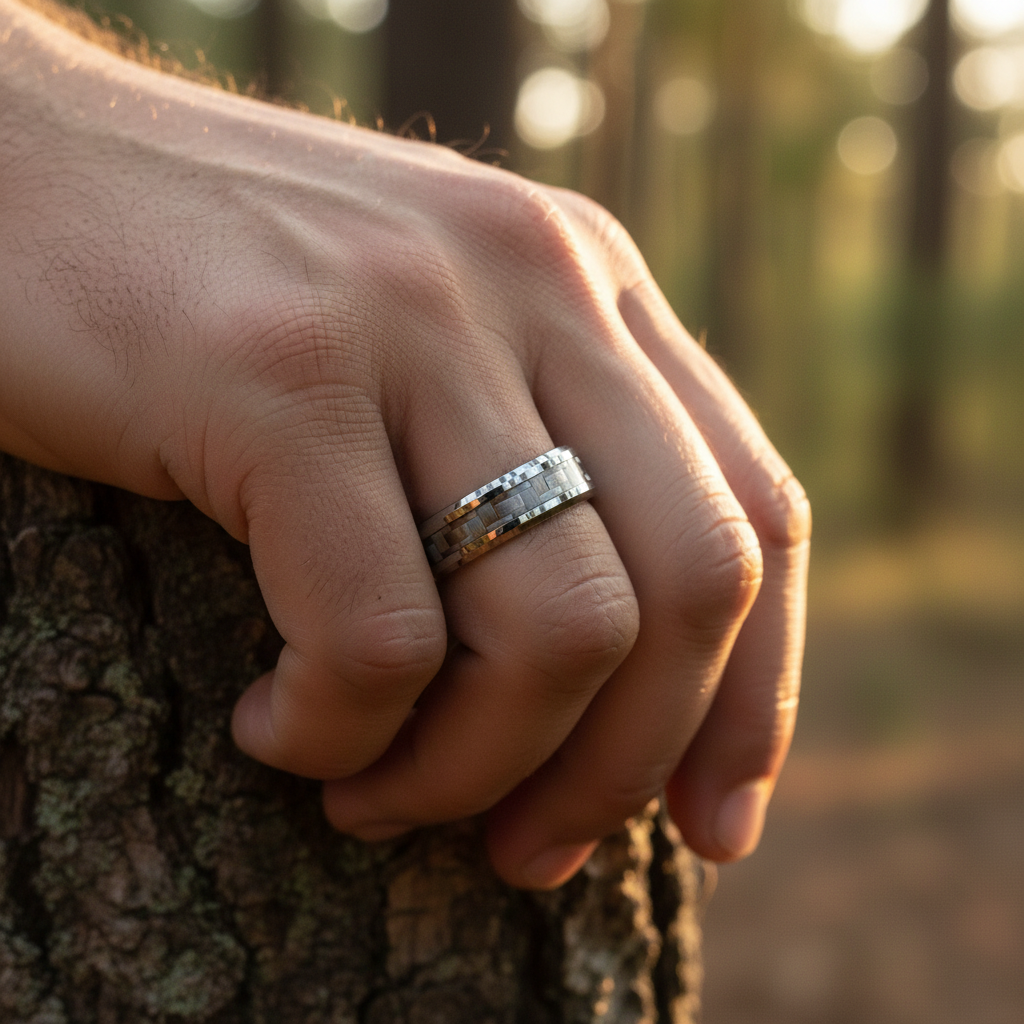 Beveled silver ring with black inlay, Forge and Lumber, 6mm width, available in sizes UK K to M.