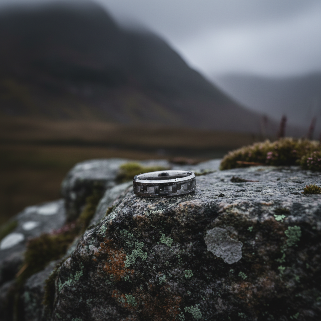 Beveled black inlay ring from Forge and Lumber, 6mm width, displayed on a rocky surface.