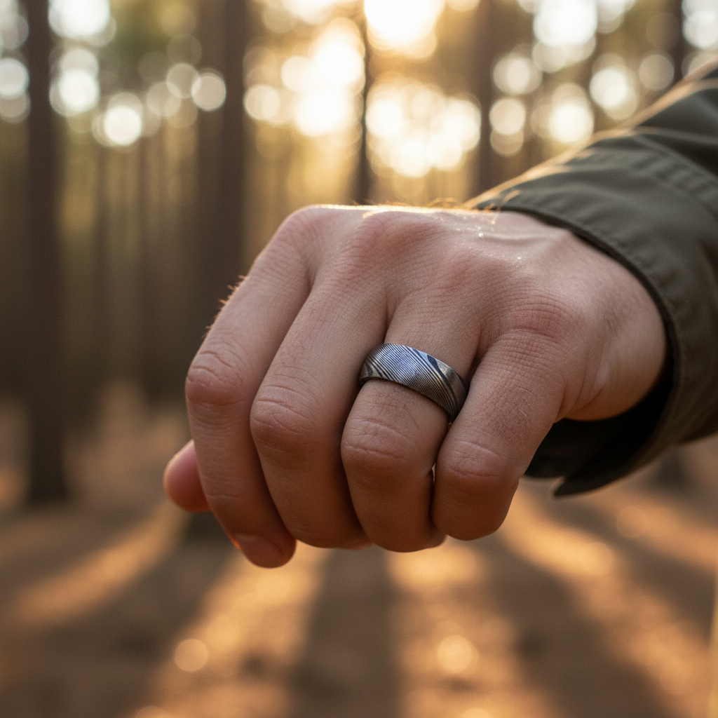 Damascus wedding band from Forge and Lumber with a textured finish, worn on a hand in a forest setting.