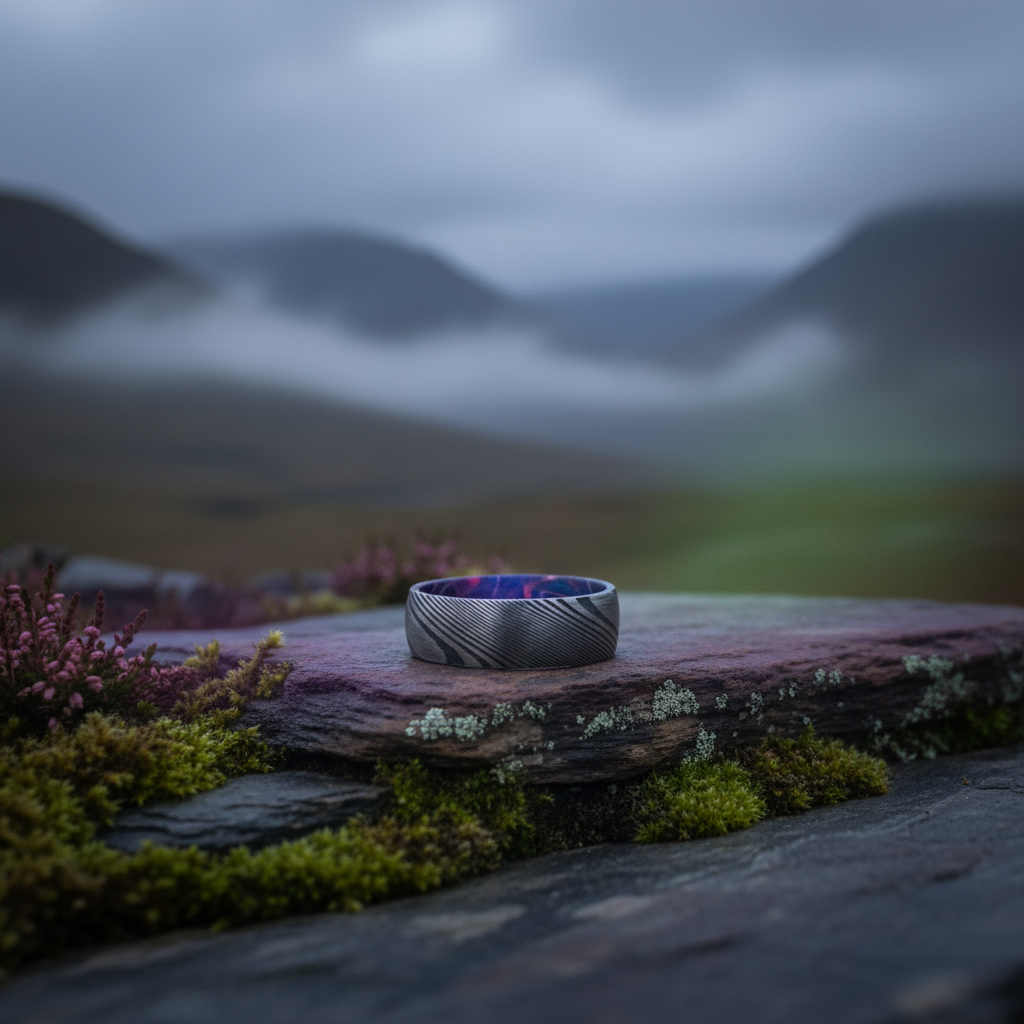 Damascus steel wedding band with artisan design, featuring an 8mm width, from Forge and Lumber.