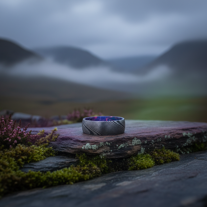 Damascus steel wedding band with artisan design, featuring an 8mm width, from Forge and Lumber.